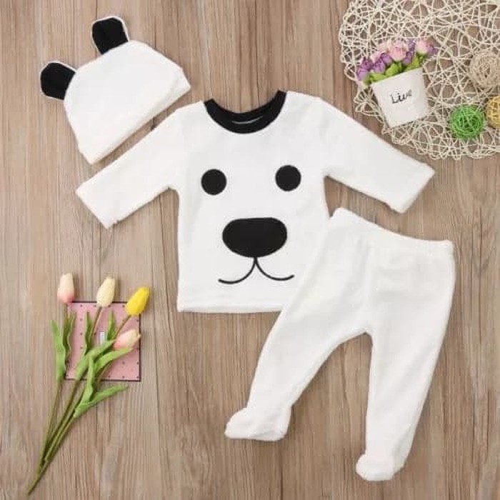 baju bayi setelan kaos putih lengan panjang motif anjing NB-1 tahun