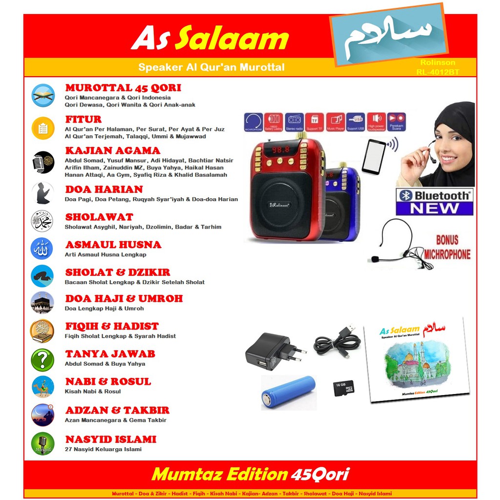Speaker Murottal Al Quran Bluetooth Rolinson 4012  Mic Bisa Rekam dan Mikrofon  45 Qori 16GB Somad