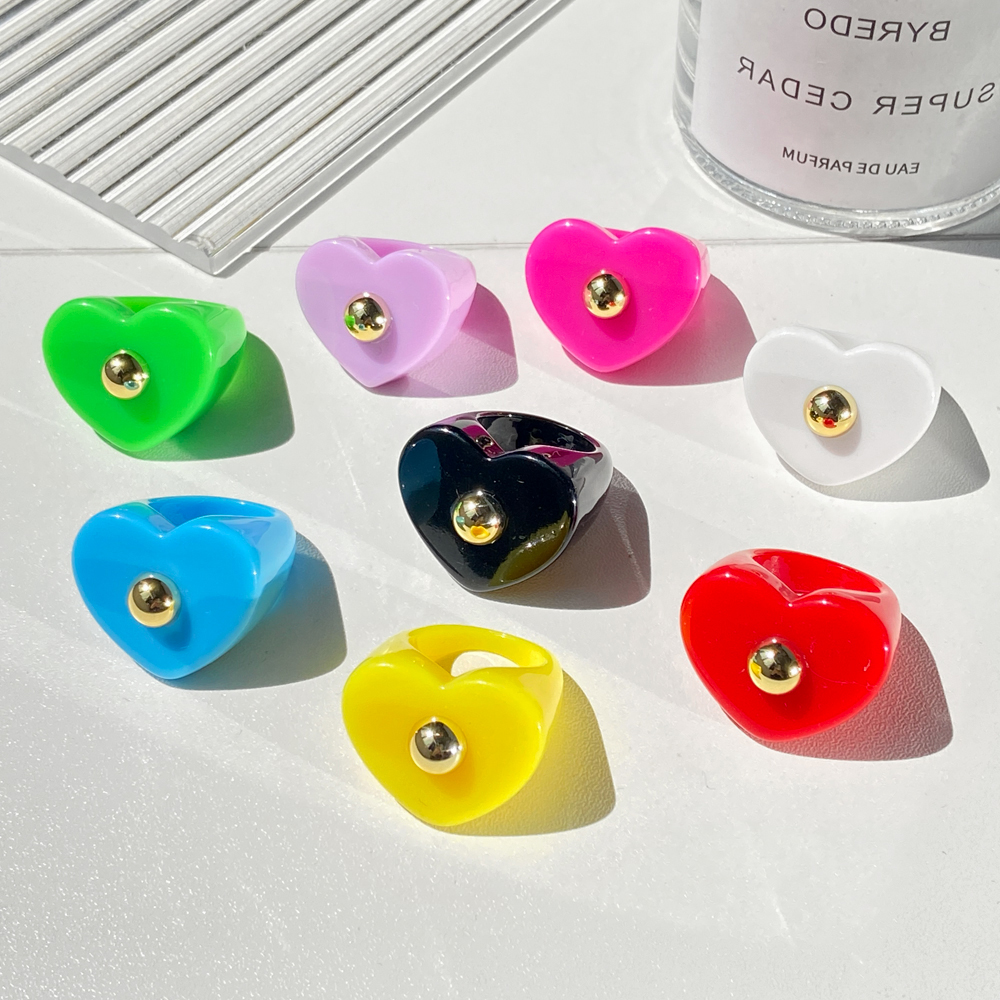 Cincin Bentuk Hati Warna Permen Bahan Resin Gaya Korea Untuk Aksesoris