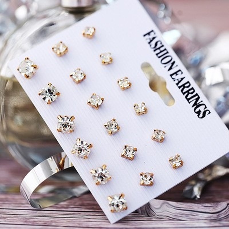 New Korean version of simple and generous earrings card imitation zirconium earrings one card 9 pairs set