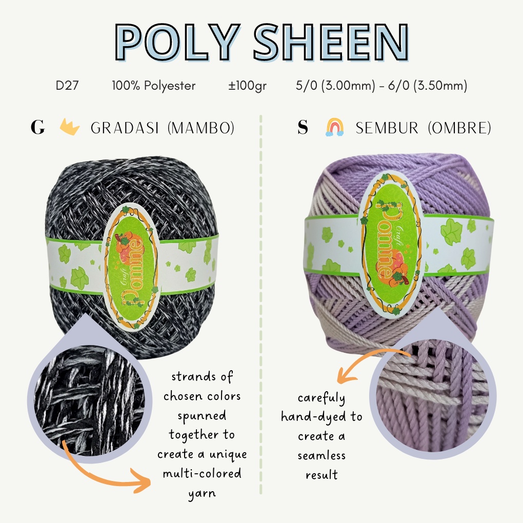 (PART 1) POLY SHEEN by Pomne Craft - PREMIUM Benang Rajut Polyester Poli Poly Kilap Poliester Yarn Benang Poly / Benang Rajut Poly Sheen (Poly Kilap) / Benang Polyester / Benang Poliester