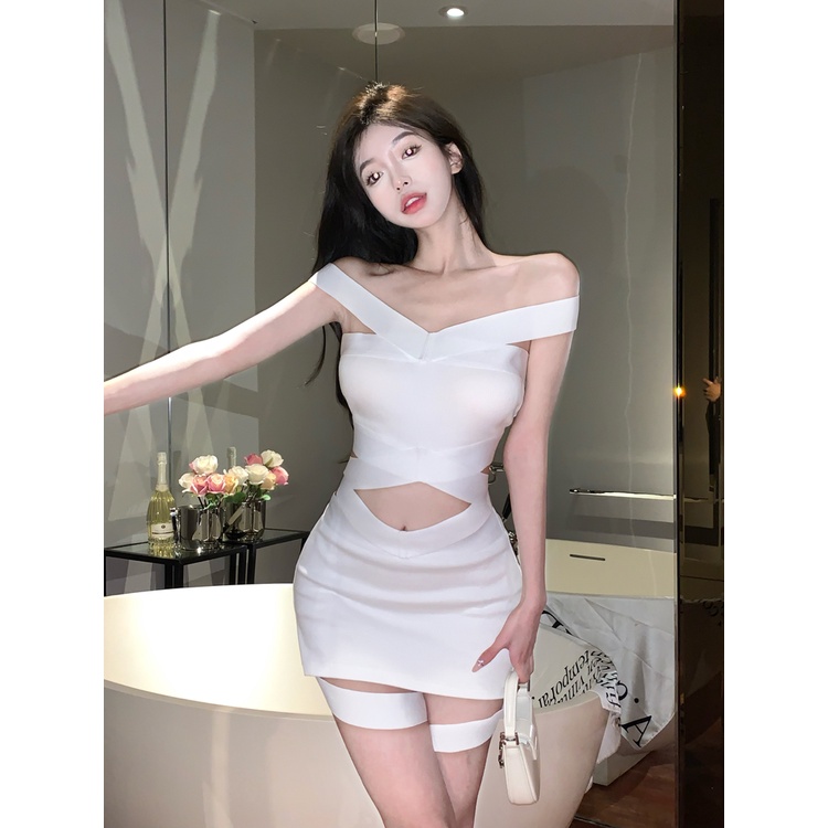 Setelan 2022 Baru Wanita Musim Panas Satu Bahu Rajutan Rompi Pinggang Tinggi Ketat Hot Gadis Tas Hip Rok Dua Potong Pasang