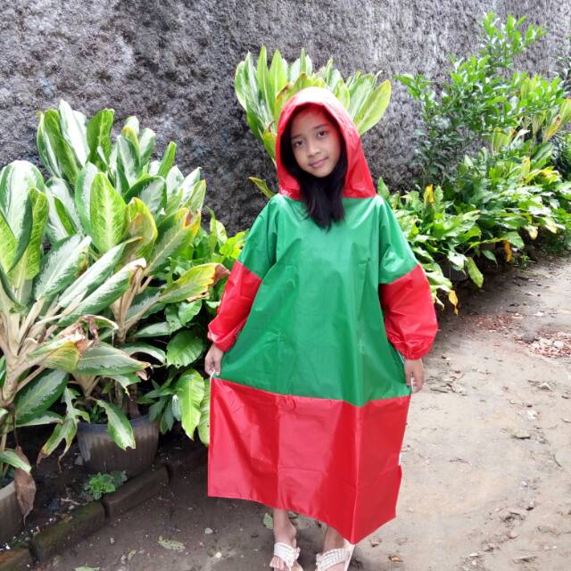 Jas hujan gamis anak kombinasi hijau merah