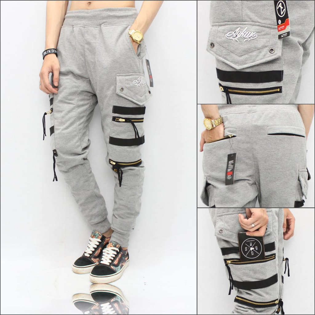 Celana Jogger Pria Double Zipper Sweatpants Training Olahraga