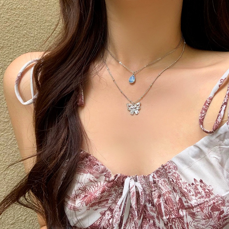 Blue Water Drop Butterfly Necklace Accessories Temperament Double Clavicle Chain
