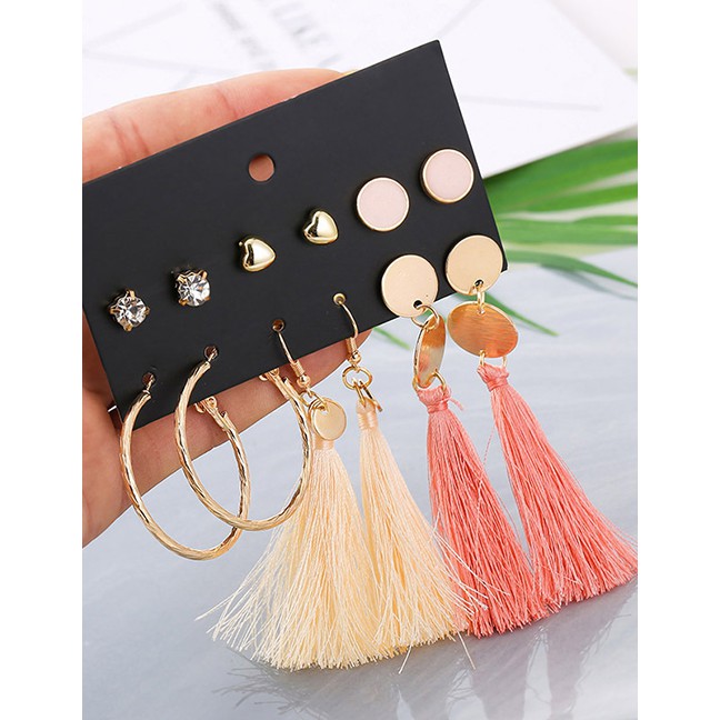 LRC Anting Set Fashion Color 6 Pairs Of Alloy Dripping Heart-shaped Diamond Stud Earrings F37654