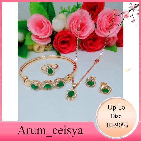 Set dewasa oval permata tiga gold hijau perhiasan wanita titanium