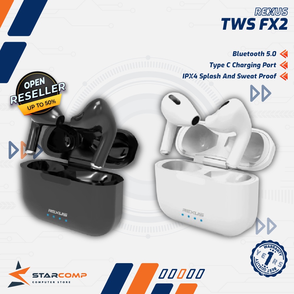 Rexus FX2 TWS Earphone Wireless Bluetooth - Hitam/Putih, IPX4