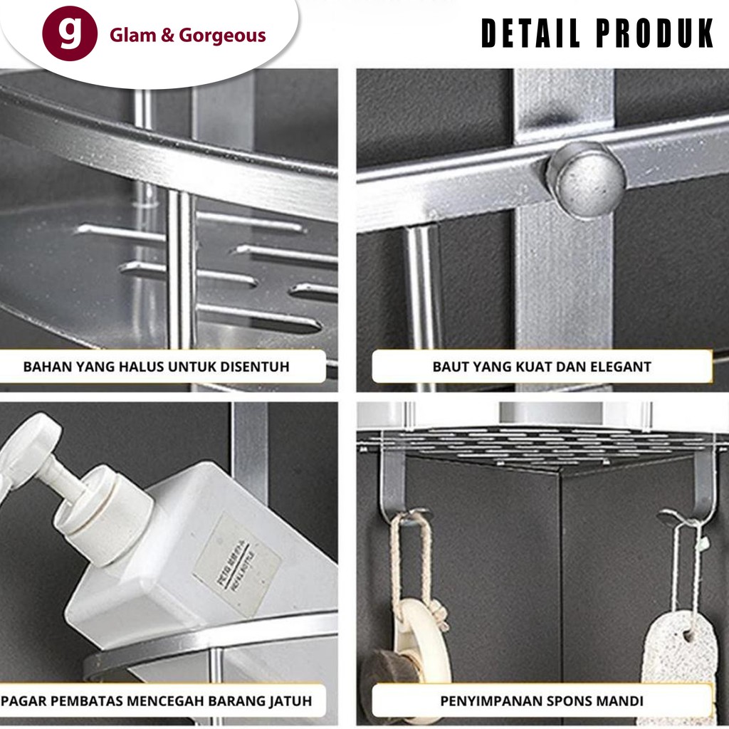 Rak Sabun Sudut Dinding Kamar Mandi Minimalis Alumunium 3 Susun AD 2N3S
