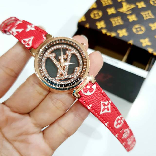 JAM TANGAN CEWEK LV KULIT BISA PUTAR 360° || DIAMETER 3.1 CM ||