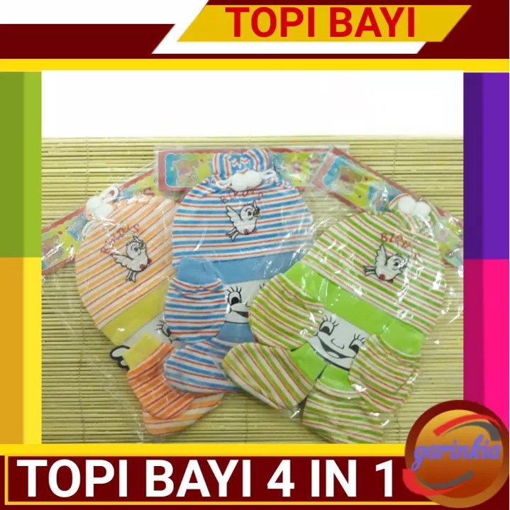 SET TOPI BAYI BARU LAHIR / Kupluk Sarung Tangan Kaki Celemek Slaber 4 IN 1 Motif