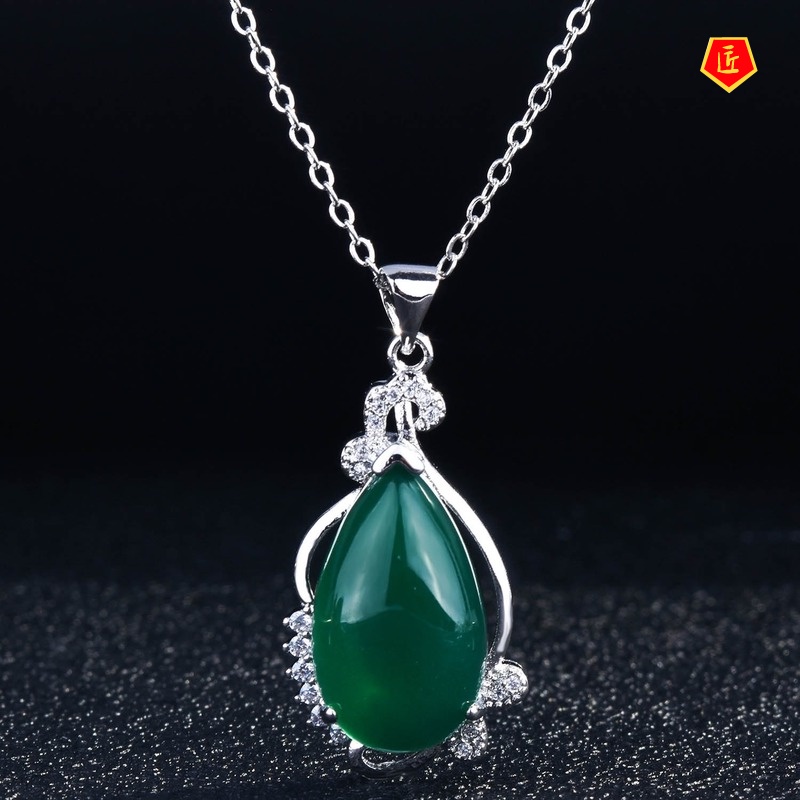 [Ready Stock]Green Chalcedony Bow Pendant Korean Style Simple Elegant