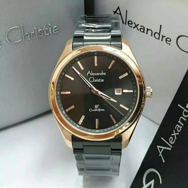 ORIGINAL JAM TANGAN ALEXANDRE CHRISTIE AC 8591 PRIA ROSEGOLD BLACK LEATHER BROWN ORI JAM PRIA