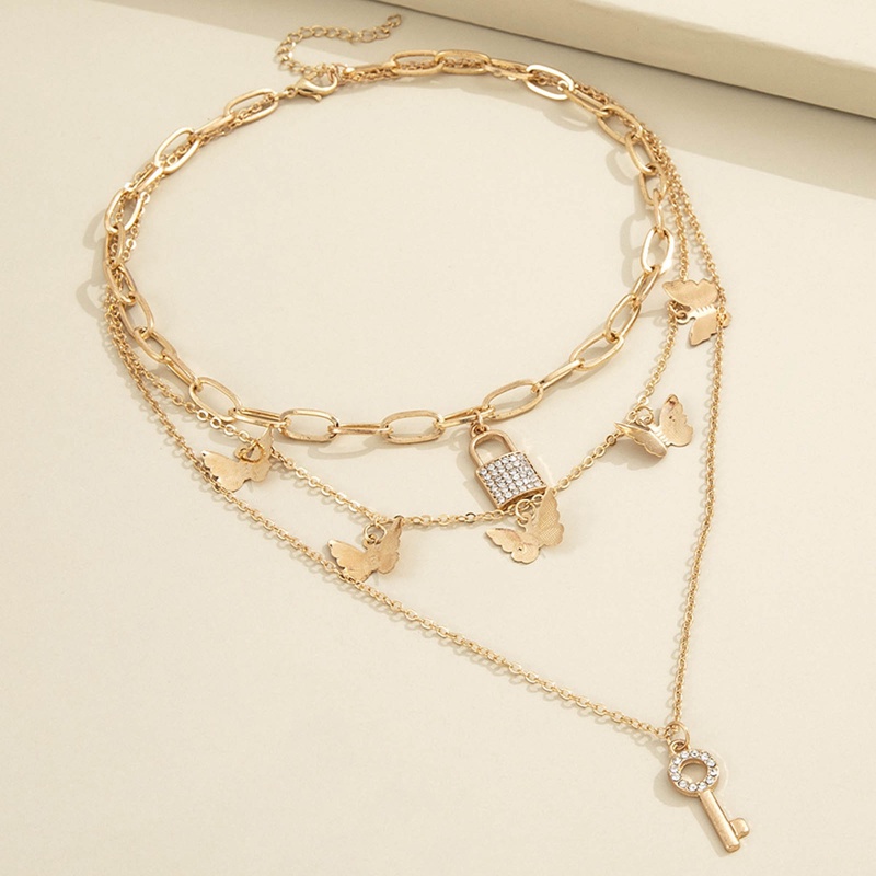 Kalung Rantai Multilayer Dengan Liontin Kupu-Kupu Kunci Aksen Kristal Untuk Wanita