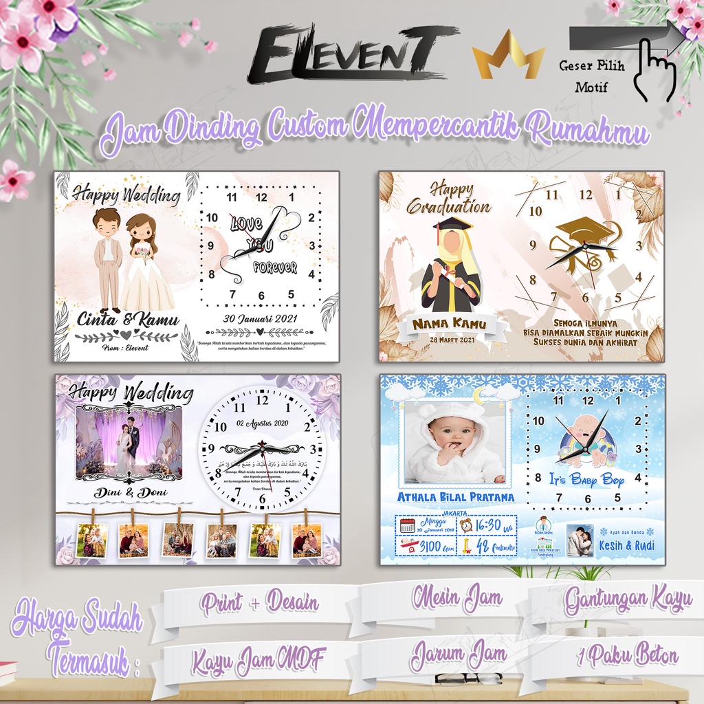 Jam Dinding Custom Nama dan Foto Hadiah Pernikahan Ulang Tahun Kado Nikah Walldecor Pajangan Berkesan Hadiah Wedding Biodata Bayi / Anak Ultah Wisuda Keluarga Graduation Anniversary Birthday Barakallah Fii umrik Lucu Elegant Bingkai Kaca MDF Murah