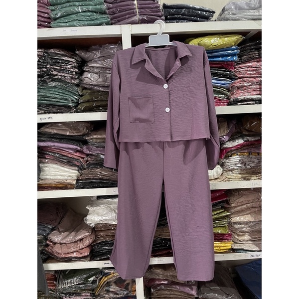 ONE SET CROP TOP BLEZER || KEMEJA CROP CRINGKLE || SET WANITA-LAVENDER