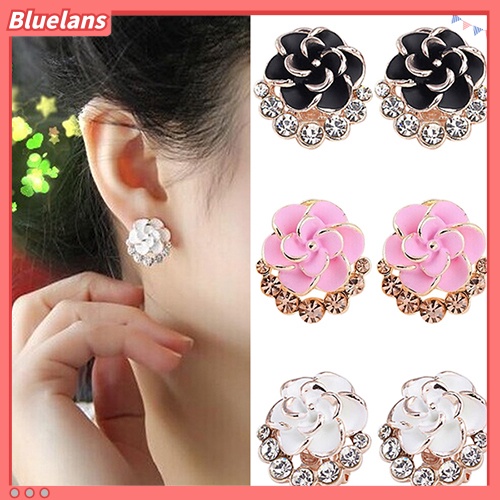 Bluelans Women Peony Camellia Flower Rhinestones Alloy Ear Stud Earrings Party Jewelry