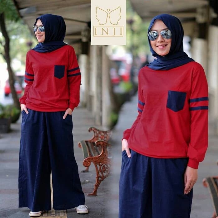 Agr1365 setelan baju remaja inji navy merah kulot set trendy st sha vt