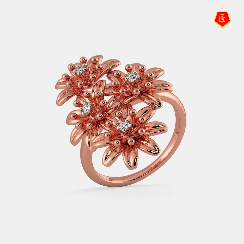 [Ready Stock]18K Gold Four Chrysanthemum Ring Luxury Temperament