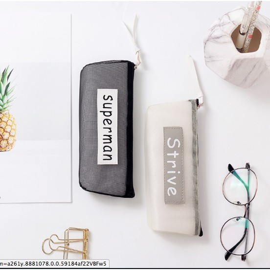 

PC Tempat Pensil Transparan Bahan Mesh Simple Tulisan Superman SOS ATK Pouch Cosmetic Dompet Simple