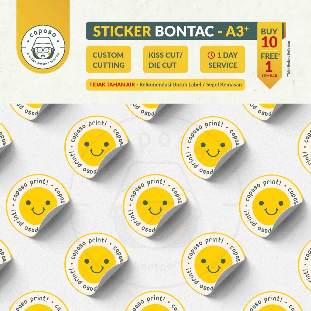 

Cetak Print Stiker Label Bontac A3+ kemasan dus gelas botol segel seal