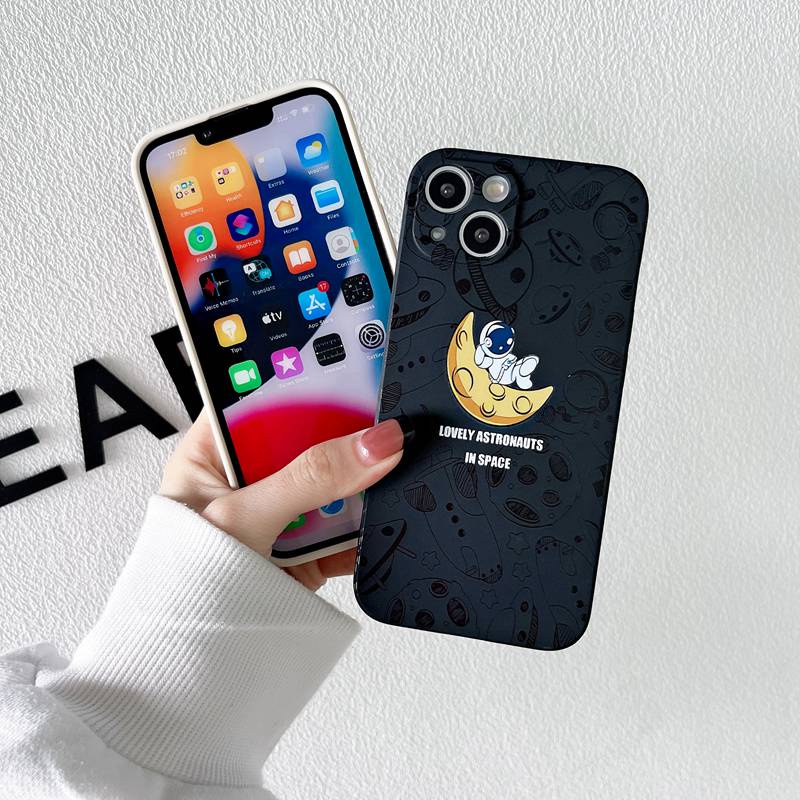 Cute Moon Astronaut Soft Case iP iPhone 6 6S 7 8 + Plus X XR SE 2020 XS Max 11 12 13 Pro Max Side Pattern Casing