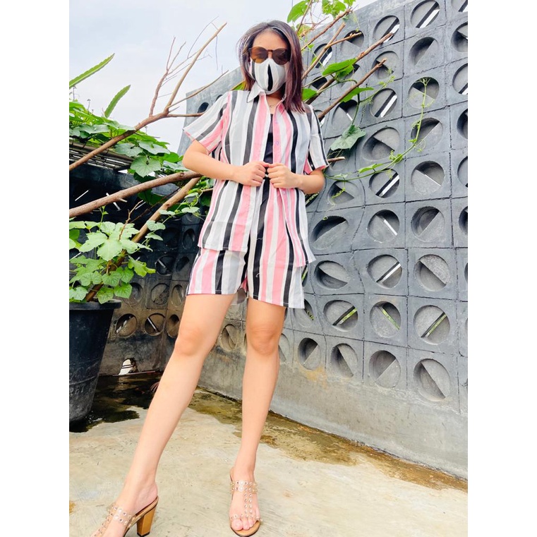 Morymony daily set homewar / setelan celana pendek / stelan baju wanita marble pastel-salur pink hitam