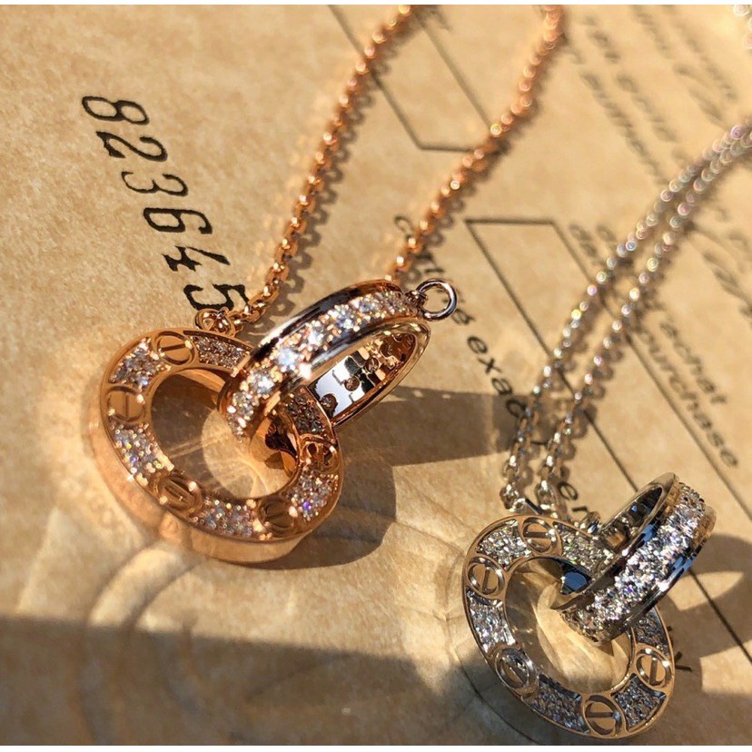 Klasik 18 K Rose Gold Kalung Cinta Ganda Cincin Seri Kalung Penuh Berlian Klavikula Rantai