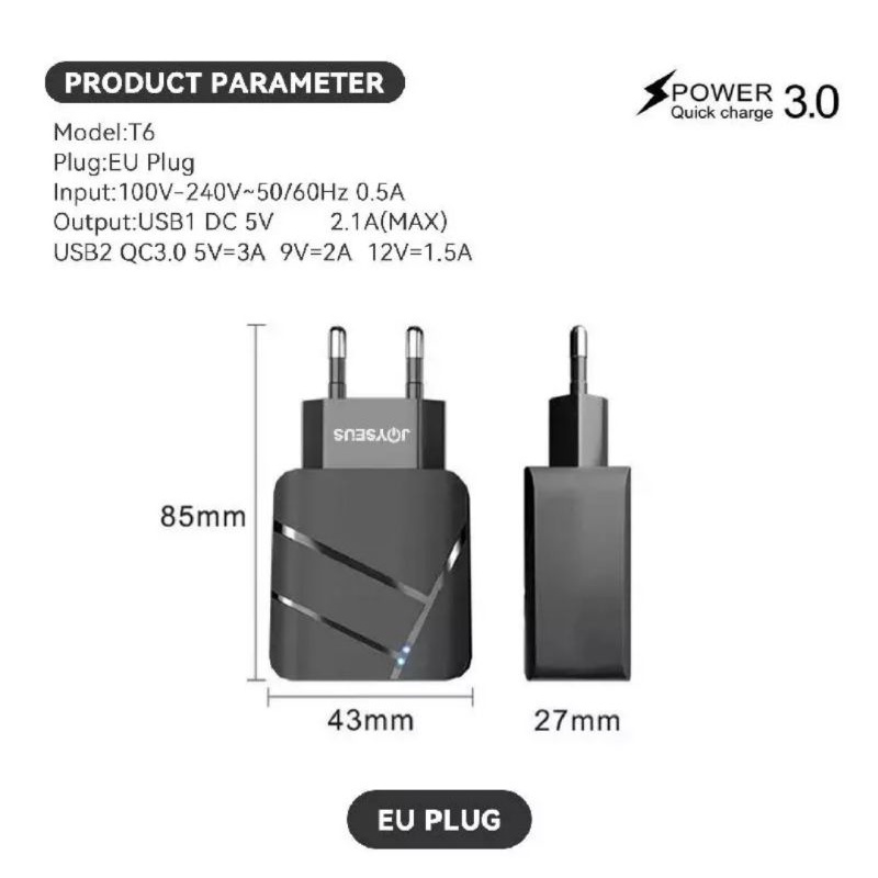 Joyseus T6 USB Charger Dual Port 28W Fast Charging With Cable Micro Type C iPhone Lightning