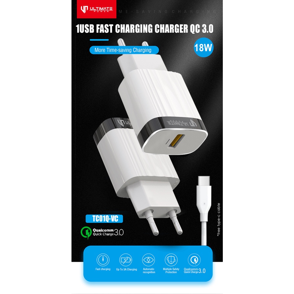 Ultimate TC01Q-VC 1USB Fast Charging Charger 18W QC 3.0 + USB-C Cable