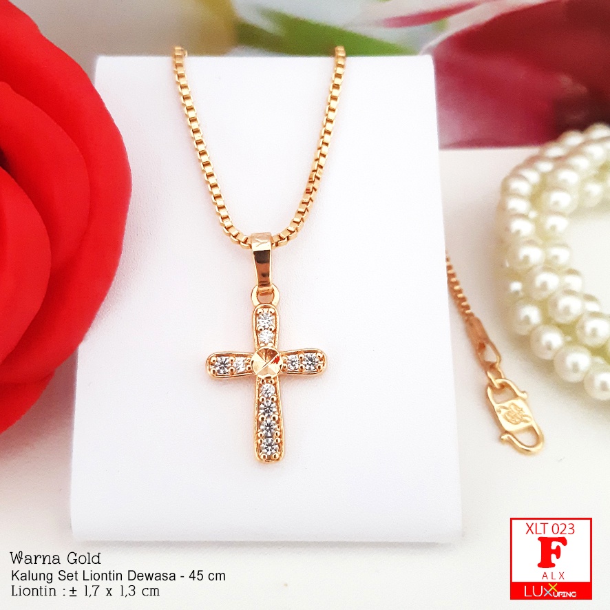 XLT 023 Kalung Set Liontin Salib Polos Tanpa Mata Kalung Salib Korpus Tubuh Yesus  Aksesoris Rohani Kristen Katolik Rosario Perhiasan Xuping Lapis Emas 18K Luxx Xuping