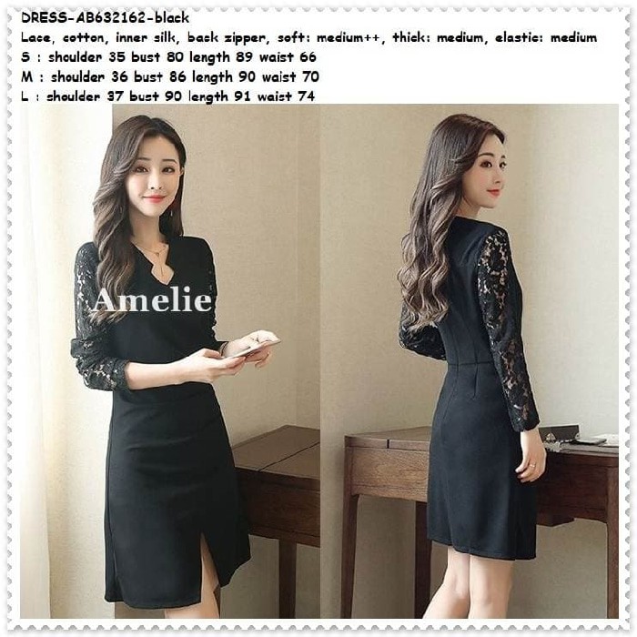 Mini Dress Lengan Panjang Gaun Pesta Brukat Lace Korea Import Black