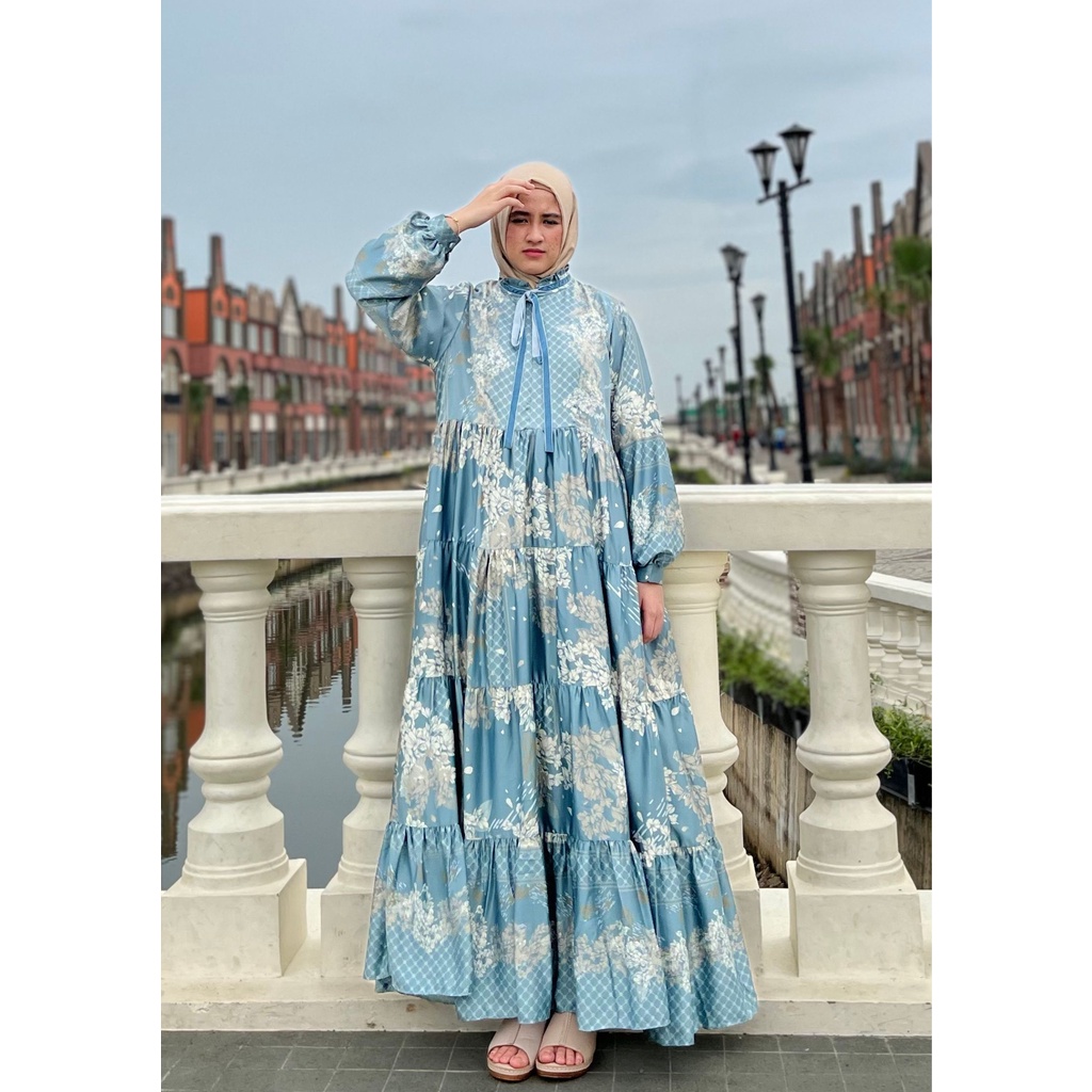 SUHANA DRESS DUSTY BLUE by YUMNAA HIJAB - GAMIS UMBRELLA - GAMIS TERBARU 2022 - GAMIS PITA - GAMIS V