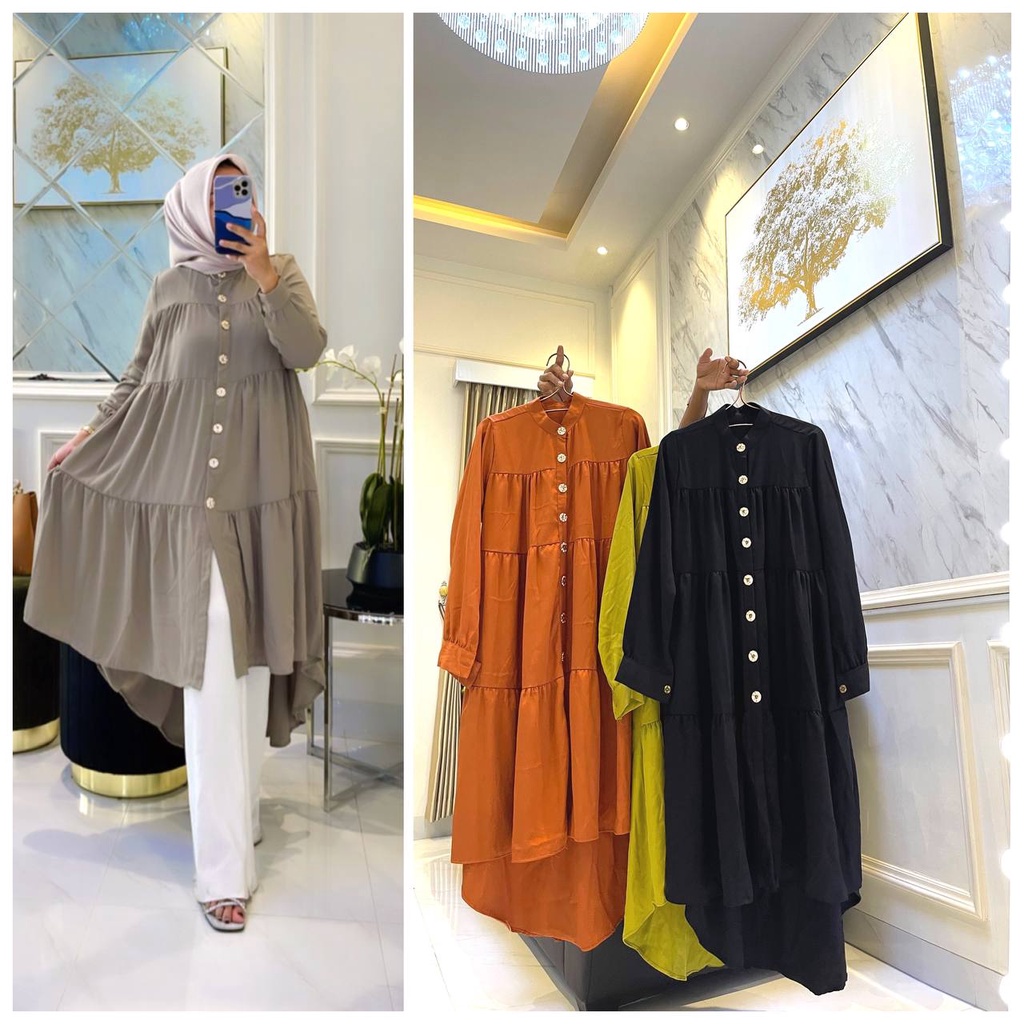 Tunik Shella Twiil Ori Premium Baju Wanita Atasan Penguin Susun Kancing Lengan Panjang Kekinian LD 110cm