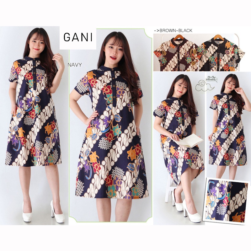 Jual Evercloth Gani Dress Batik Wanita Modern Kancing Katun Stretch Gaun Baju Batik Perempuan 