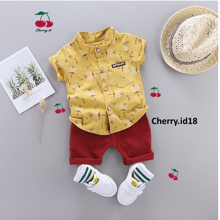 Cherry COD Setelan Kemeja Anak Laki-Laki Import / Baju Anak Laki Laki  - Motif Bunga Putih KB05