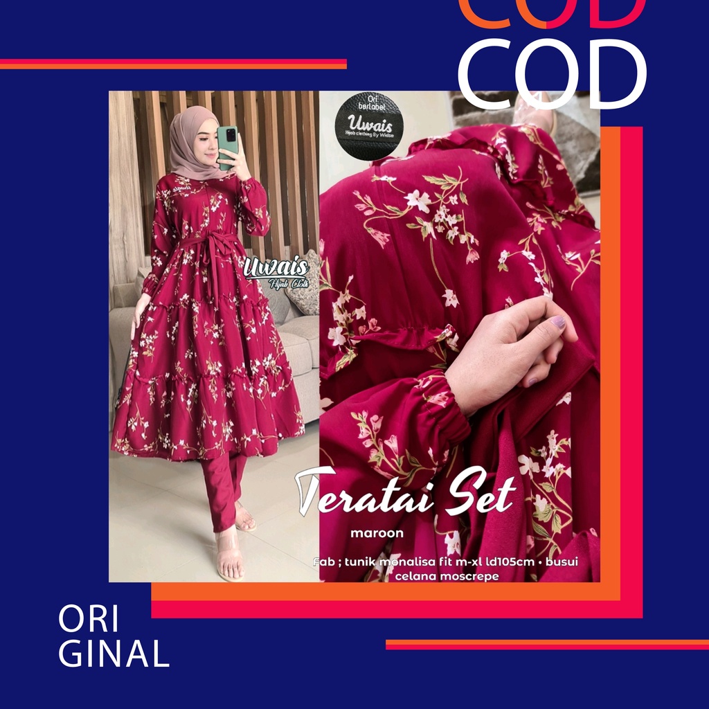Teratai Set Ori by Uwais Hijab Oneset Tunik Monalisa Premium Setelan Celana Slim Fit Moscrepe LD 105