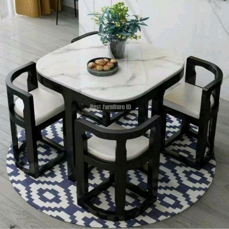 Meja Makan Oval 4 Kursi Finishing Motif Marmer