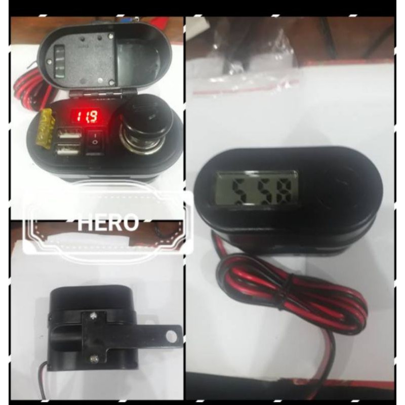 charger hp 3A/1,5A voltmeter jam kalender  smoke 5 in 1 buat semua motor dan mobil