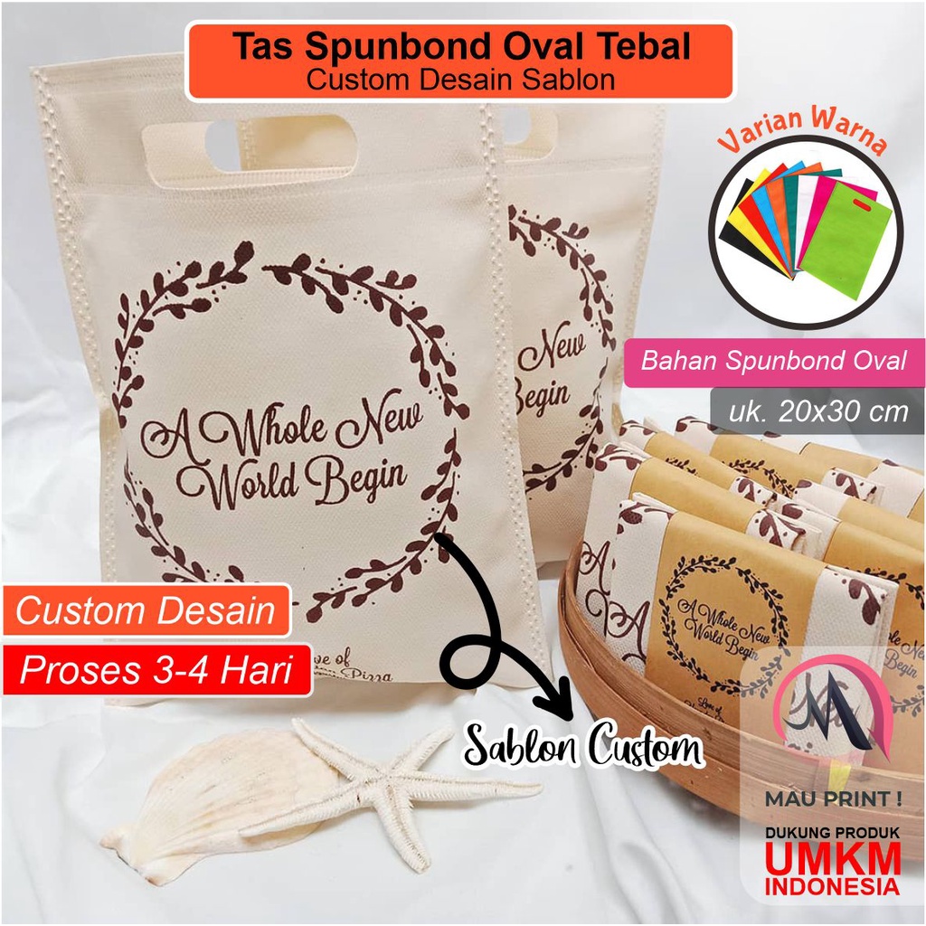 Godie bag tas kain spunbond custom desain sablon model oval uk. 20x30 cm kantong souvenir belanja bi
