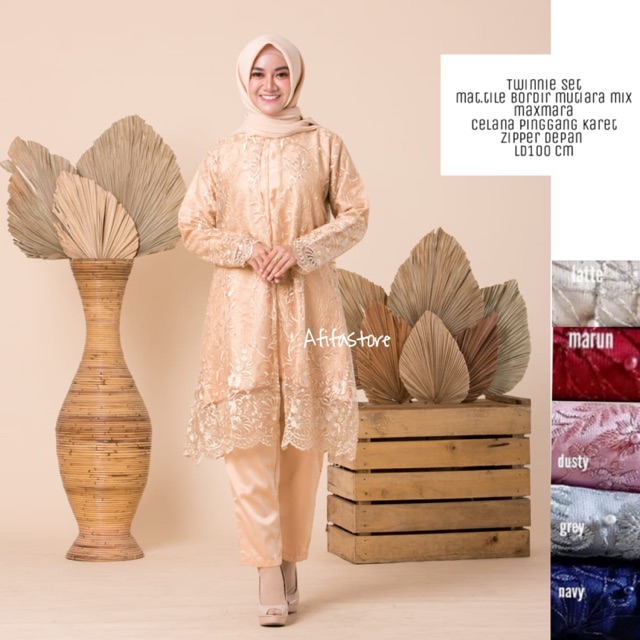Twinnie set ori Afifa / Setelan tunik brokat dan celana fit m to xl / Baju lebaran kondangan wisuda