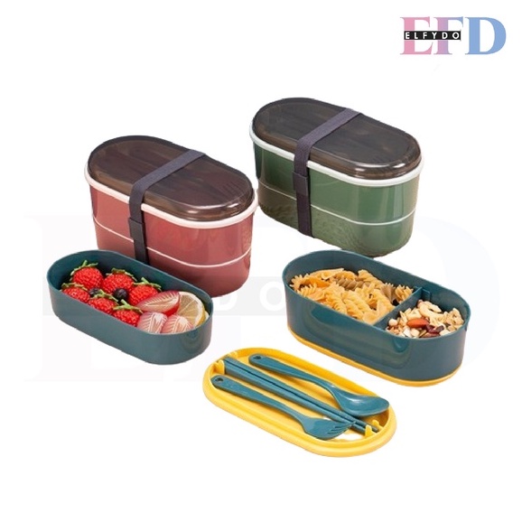 ELFYDO HL0386 Lunch Box Kotak bekal makan siang Bento Set 700ml Free Sendok Tempat Makan