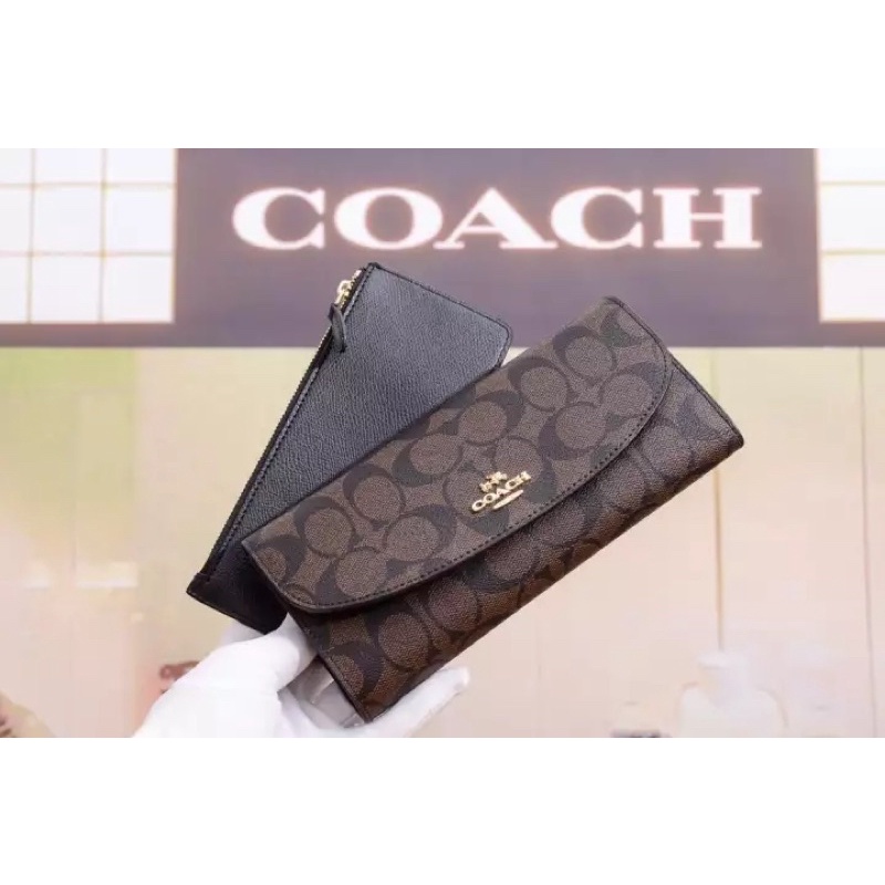 COACH LONG WALLET CROSSGRAIN BROWN SIGNATURE POP SLIM ENVELOPE (COACH F52601)