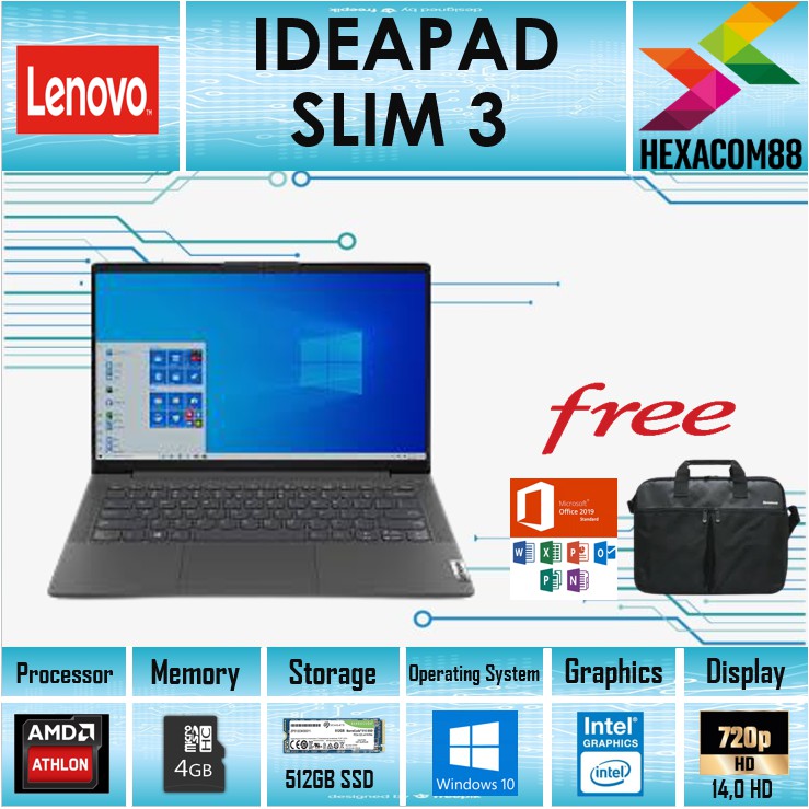 Laptop LENOVO Ideapad Slim 3 AMD Athlon 3150 4GB 512ssd W10+OHS 14.0