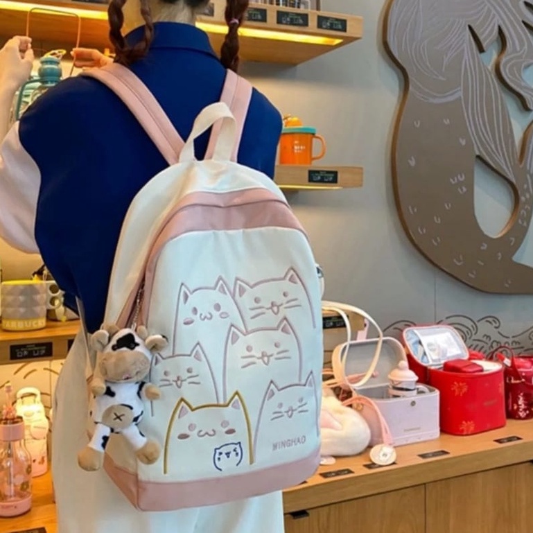 samasuka.shop - Tas Wanita Motif Kucing Lucu Funny Cat Ransel Gendong Cewek Tas Punggung