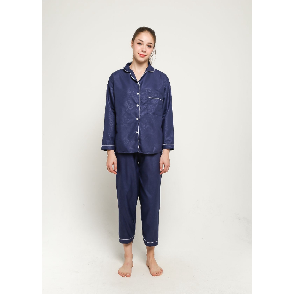 FortKlass Piyama Satin Embos Sleepwear Stelan Baju Tidur Lengan Panjang Celana Panjang-NAVY