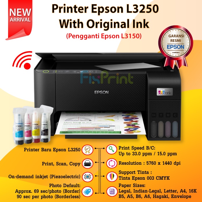 Printer Epson EcoTank L3250 WiFi All-In-One (Print - Scan - Copy) New With Compatible Ink