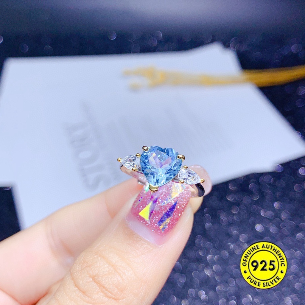 Cincin Batu Permata Topaz Biru Langit Bentuk Hati Model Terbuka