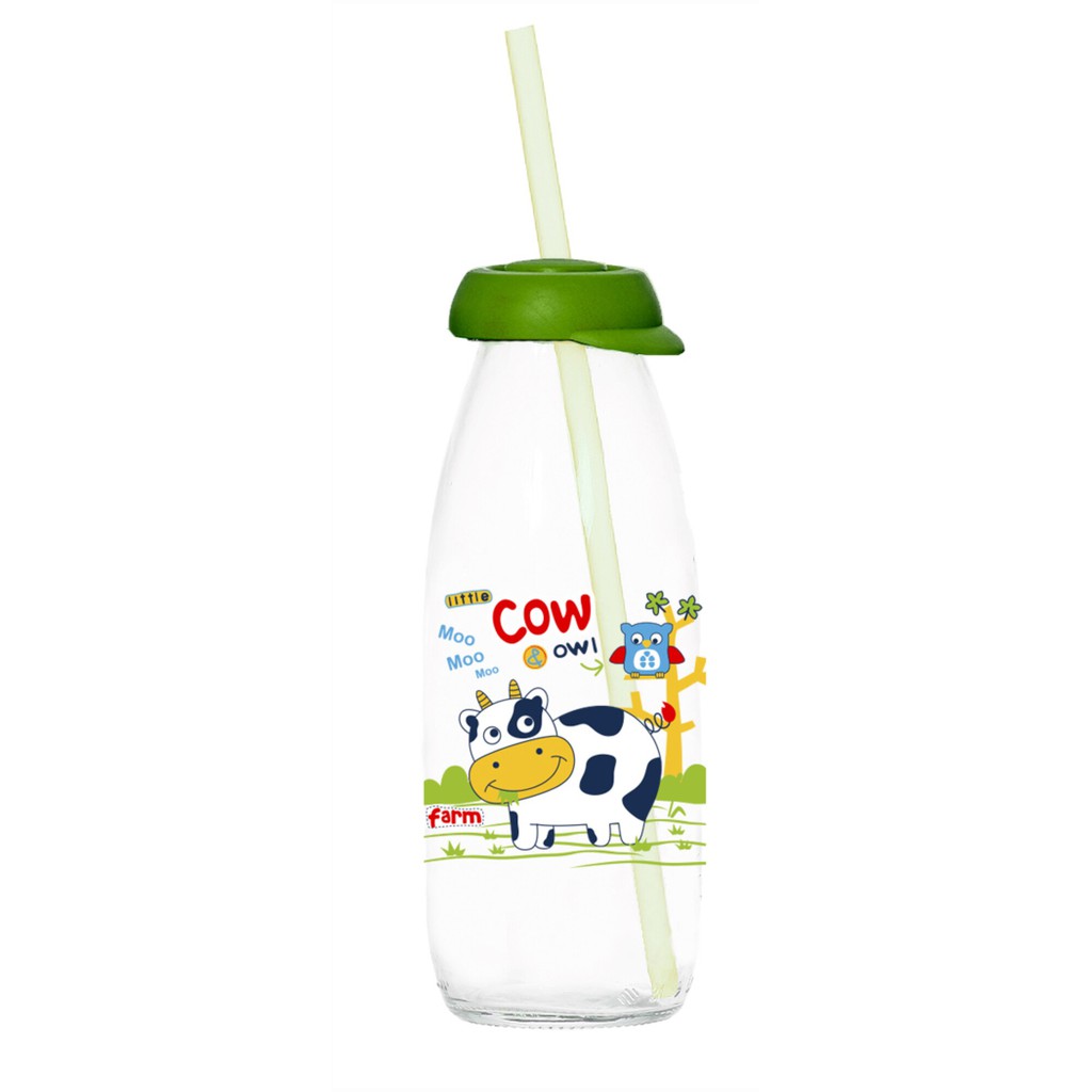 Herevin  Botol Air Tempat Minum Susu Kaca Anak Transparan  Motif Unik Lucu Straw Sedotan 500 ml-Hijau