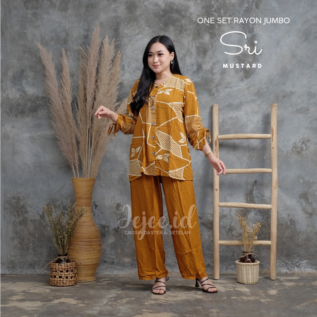 SETELAN RAYON JUMBO LD 120 CM BIG SIZE SUNDARI SET PIYAMA TIE DYE LENGAN PANJANG KANCING-SRI-MUSTARD